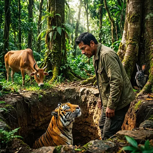 Intense Nature's Drama: Tiger, Man, Cow, and Rabbit