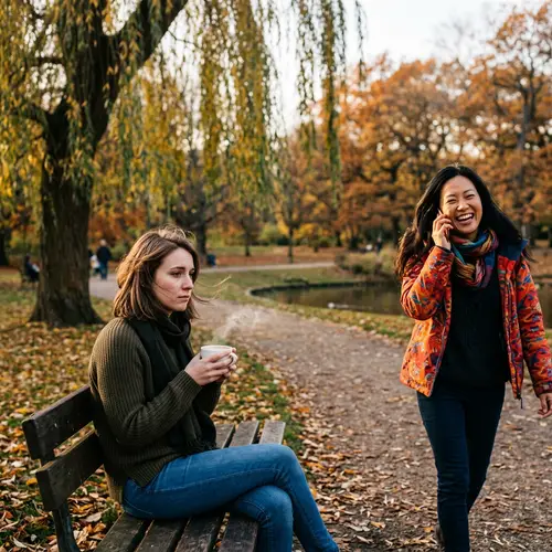 Melancholic 27-Year-Old Woman and Cheerful 32-Year-Old Woman in Park