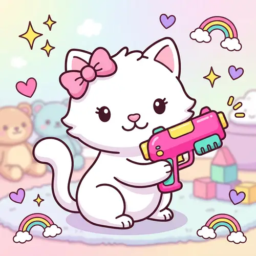 Cute Cartoon Cat with Pink Toy Gun | Playful Fun Imagery