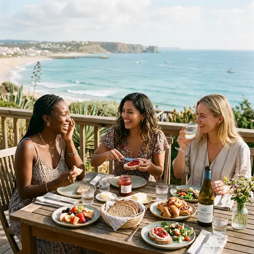 Serene Scene of Diverse Women Enjoying a Meal by the Sea