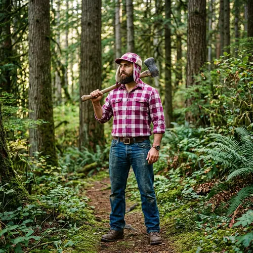 Middle-Eastern Lumberjack in Magenta & White Flannel Shirt - Forest Scene