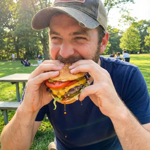 Man Enjoying Delicious Hamburger Outdoors | Picnic Bench