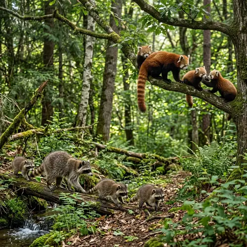 Raccoon and Red Panda Families in the Woods
