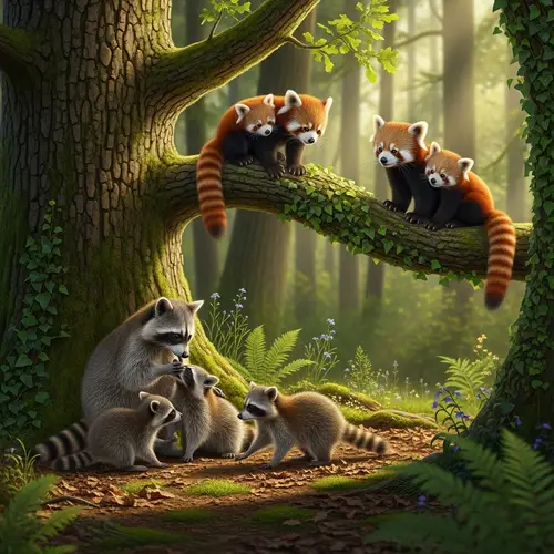 Raccoon and Red Panda Families in the Woods