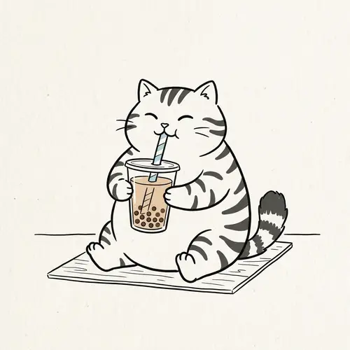 Charming Fat Cat Enjoying Bubble Tea | Minimal Art