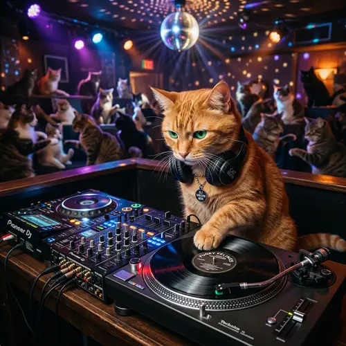 Whimsical Cat DJ Mixing Hip Hop Beats with Intense Focus