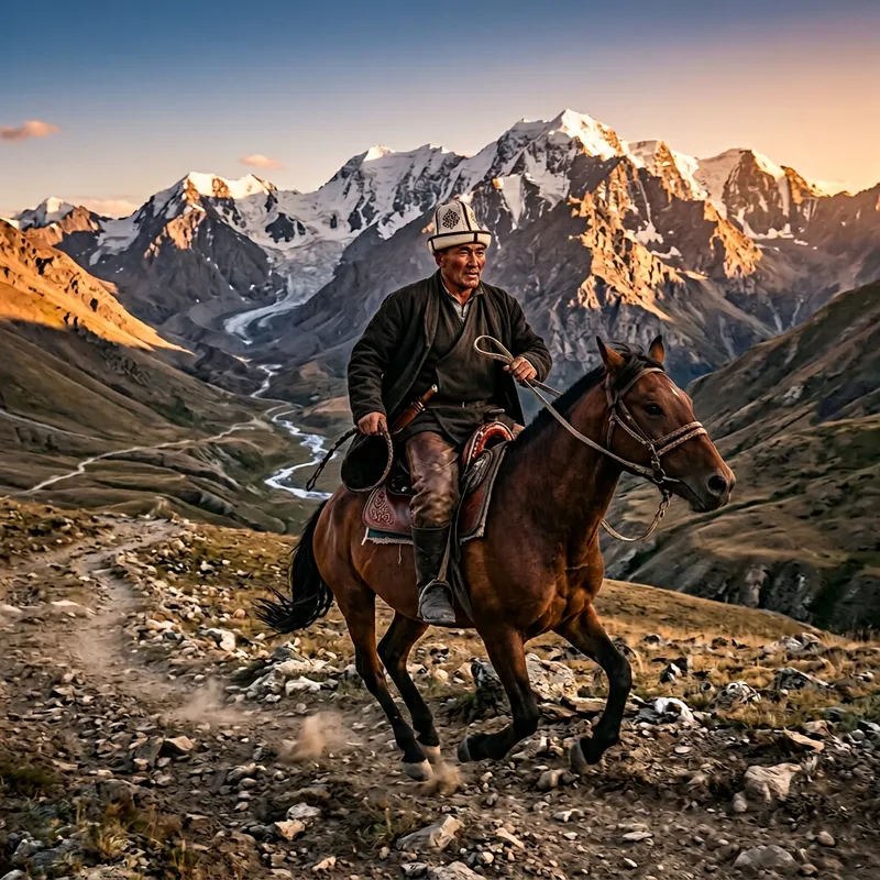Kyrgyz Hero on Horseback in Majestic Mountains