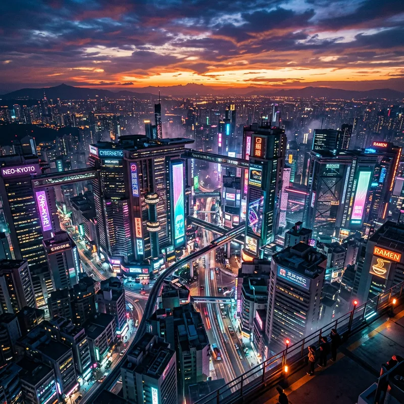 Cyberpunk Cityscape at Sunset | Vibrant Neon Drone View