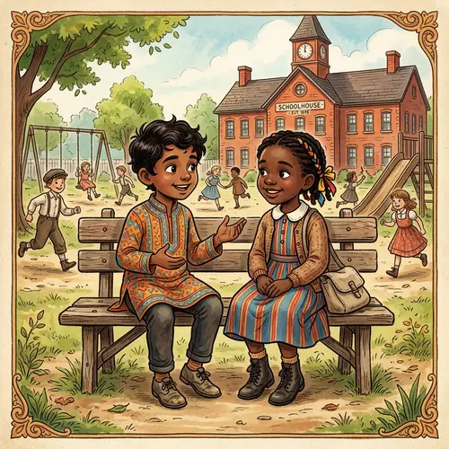 Vibrant Cartoon Image of South Asian Boy and Black Girl Chatting on School Playground