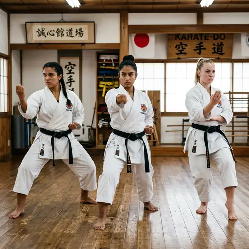 Diverse Young Women in Karate Uniforms | Martial Arts Practice