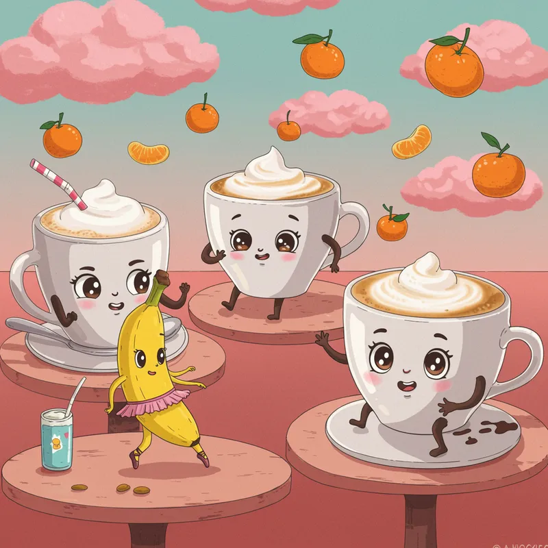 Surreal Cartoon Scene with Dancing Bananas