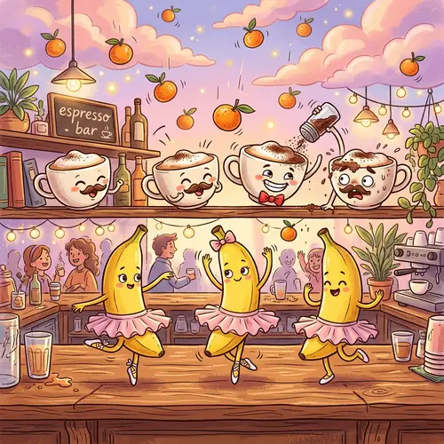 Surreal Cartoon Scene with Dancing Bananas