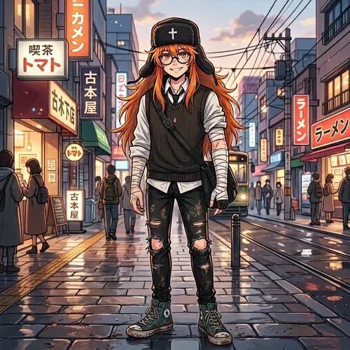 Anime Boy with Long Orange Hair and Ushanka Hat - Unique Style
