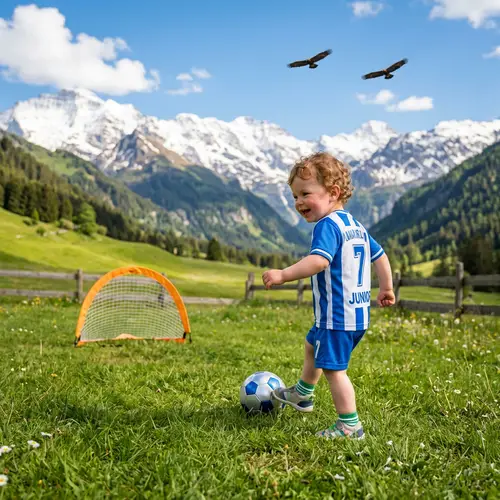 Cute Baby Boy Playing Football on Green Mountain Field