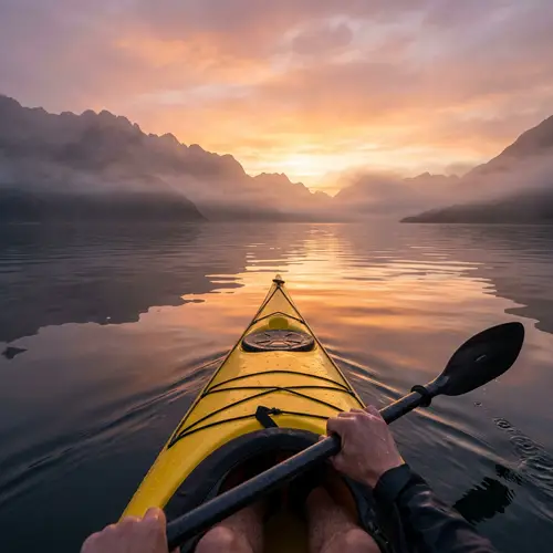 Yellow Sea Kayak Floating on Calm Water with Mountain Silhouettes