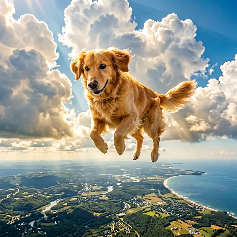 Golden Retriever Flying in Vibrant Skies Golden Retriever Flying in Vibrant Skies
