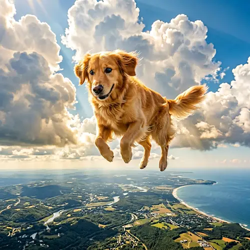 Magical Golden Retriever Levitating in Vibrant Skies