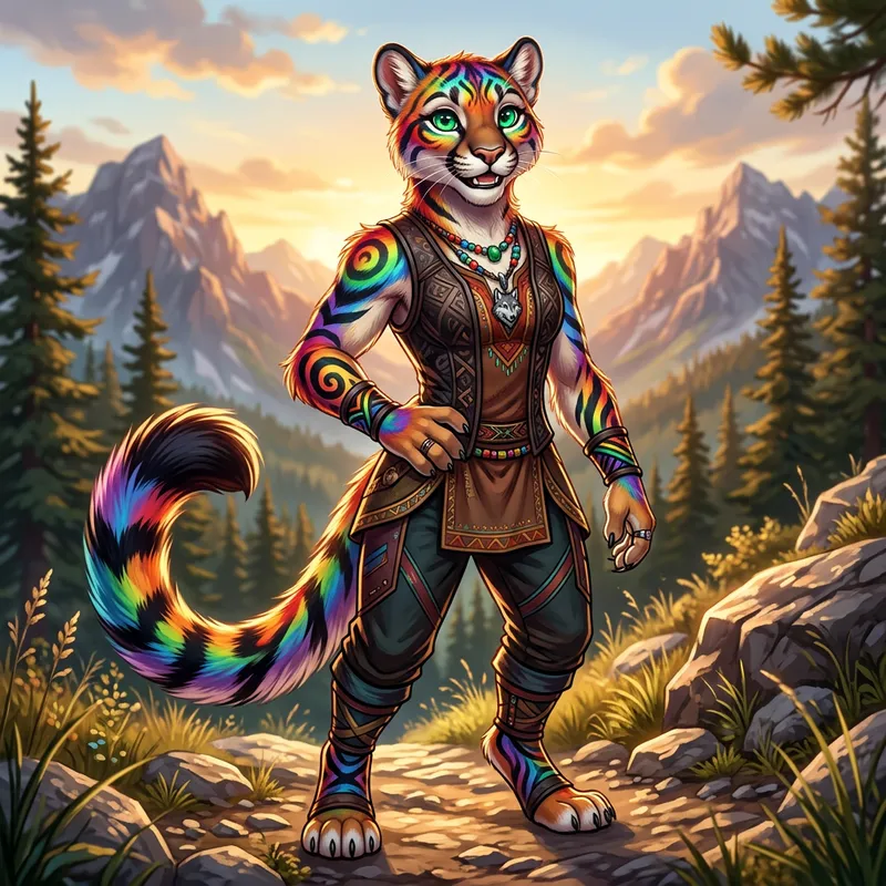 Rainbow Fursona Cougar with Green Eyes