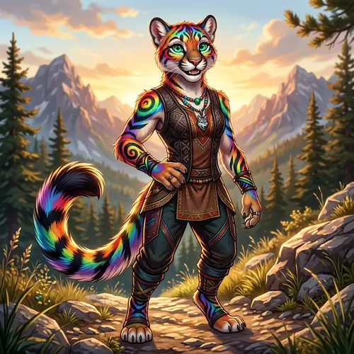 Feminine Anthro Cougar with Rainbow Fur and Green Eyes