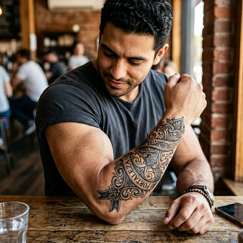 Hispanic Man Forearm Tattoo with Detailed Black Ribbon Design