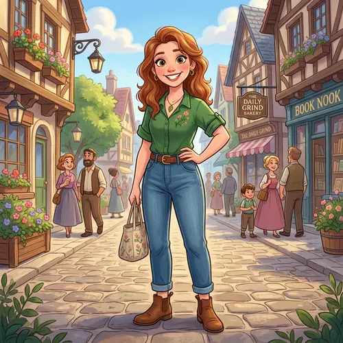 Disney-Style Woman in Green Shirt and Jeans Smiling