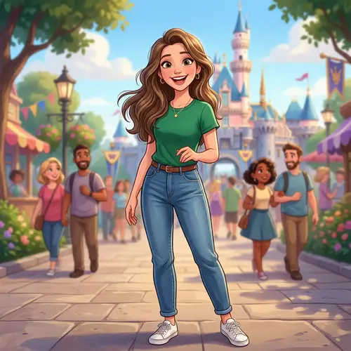 Smiling Woman in Disney Style with Green T-Shirt and Jeans