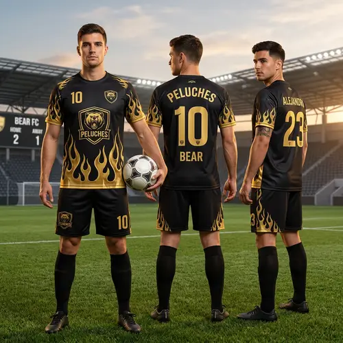 Black Sports T-Shirt with Golden Flames & Emblem