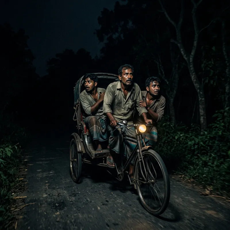 Eerie Night Ride: South Asian Men on Cycle Rickshaw in Horror Setting