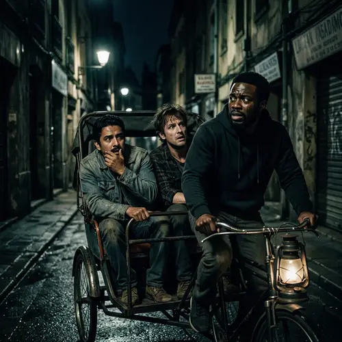 Horror Genre: Three Men on Cycle Rickshaw in Dark Night