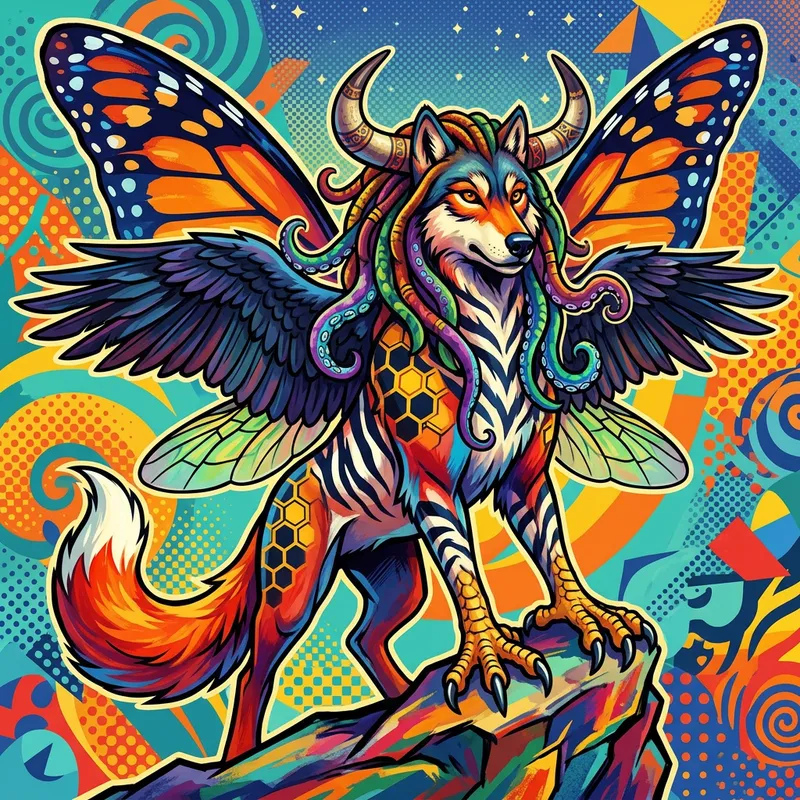 Fantasy Animal with Wolf Head, Butterfly and Raven Wings, Zebra Patterns Fantasy Animal with Wolf Head, Butterfly and Raven Wings, Zebra Patterns