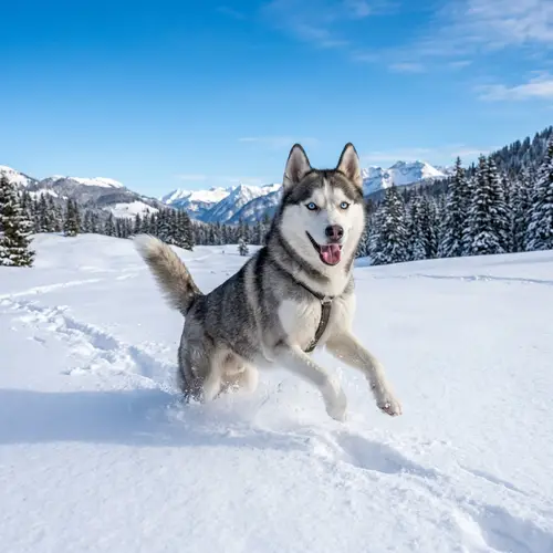 Detailed Image of a Playful Siberian Husky in Snowy Field