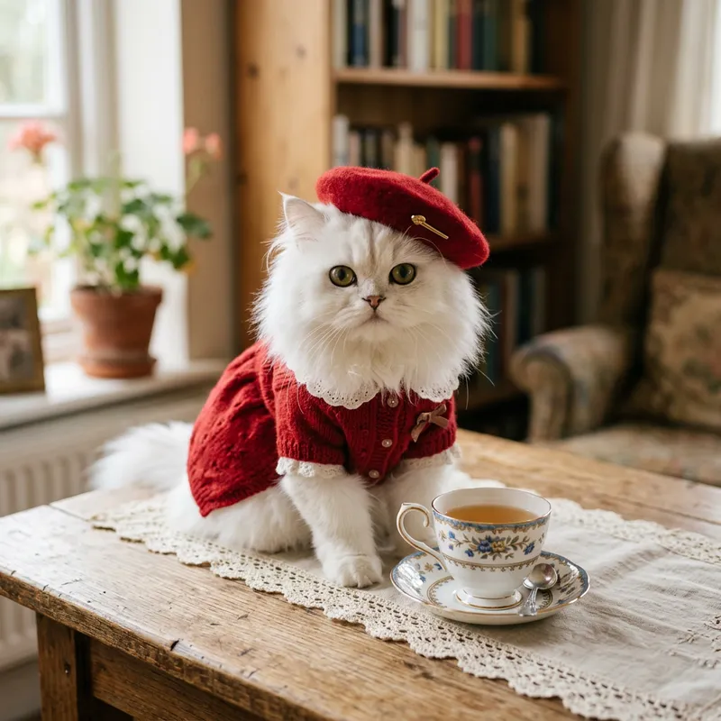 Adorable White Cat in Red Beret and Dress Adorable White Cat in Red Beret and Dress