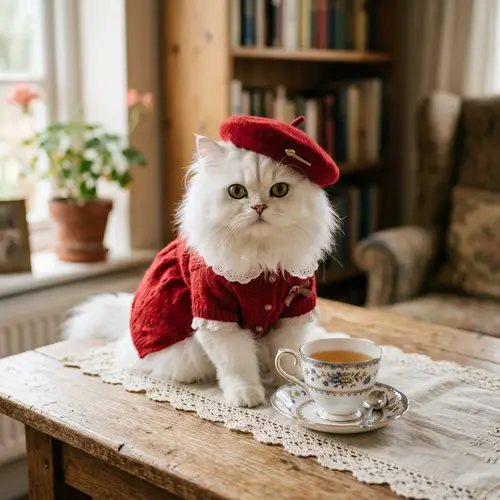 Adorable White Cat in Red Beret and Dress