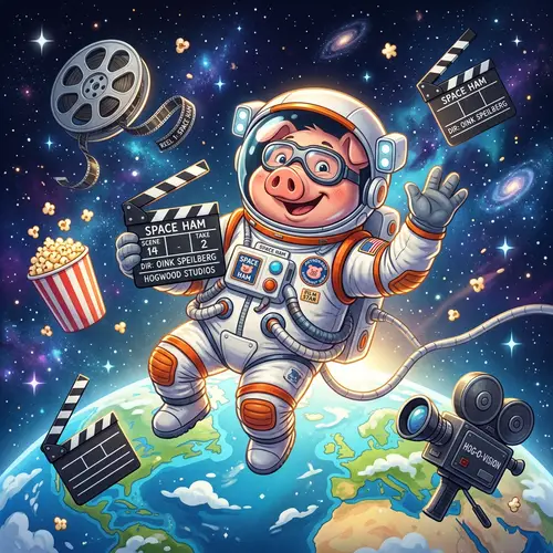 Space Ham Movie: Whimsical Pig in Astronaut Outfit Floats in Space