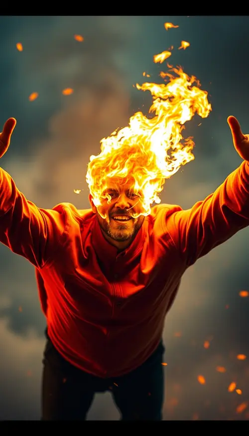Dramatic Fire-Faced Man Flying in Surreal Atmosphere
