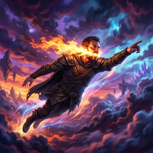Dramatic Fire-Faced Man Flying in Surreal Atmosphere