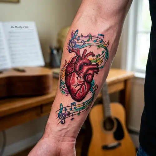 Realistic Heart Tattoo with Musical Notes - Colorful Design