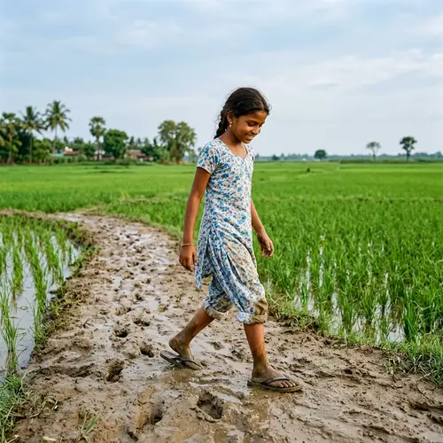 South Asian Girl Walking in Flip-flops in Mud