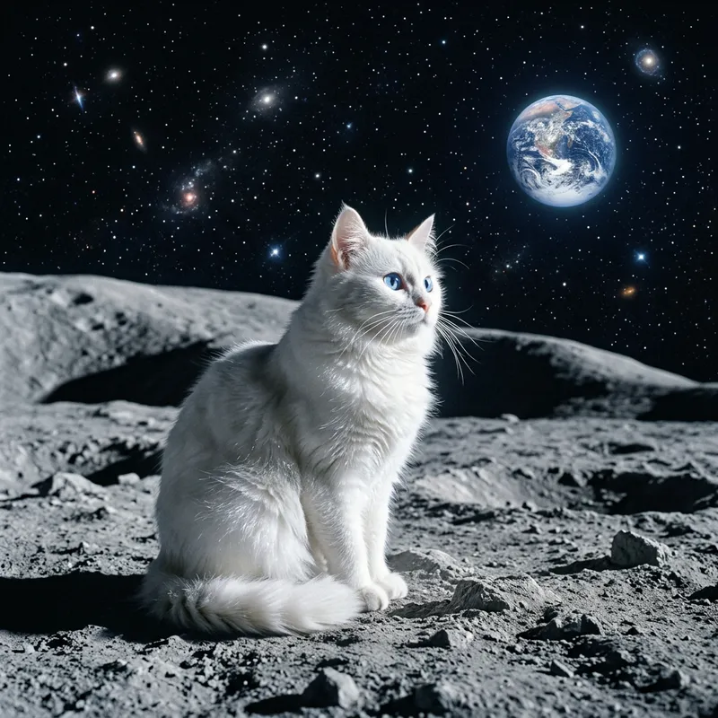 White Cat on the Moon | Tranquil Elegance & Cosmic Wonder