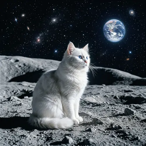 White Cat on Moon | Serene Solitude & Feline Curiosity