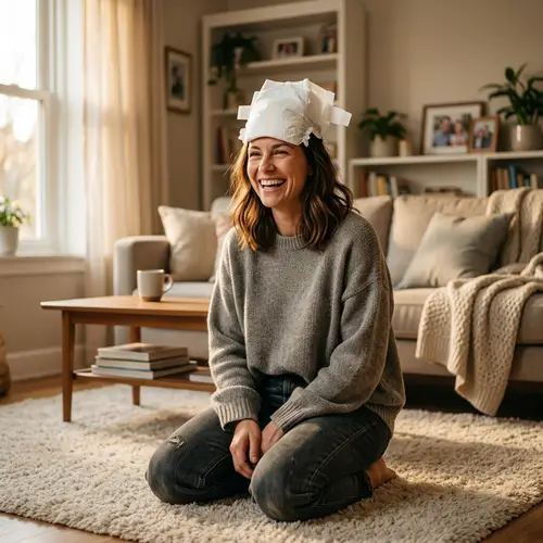 Joyful Woman Kneeling in Room Wearing Baby Diaper | 4K Cinematic Lighting