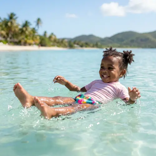 Black Toddler Girl Floating on Tranquil Ocean