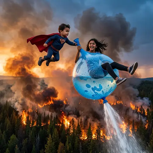 Caped Toddler Superhero Combating Forest Fire with Unique Dress