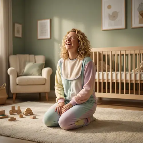 Caucasian Woman in Adult Baby Attire Laughing with Joy