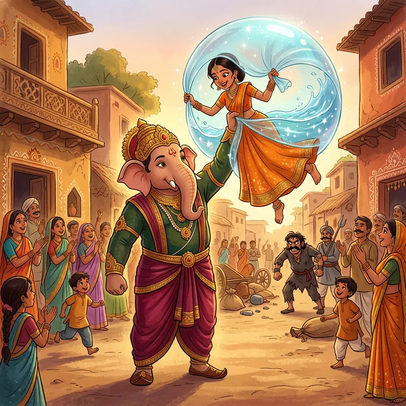 Majestic Ganesha Superhero Foils Villain's Plot with Water-Filled Diaper