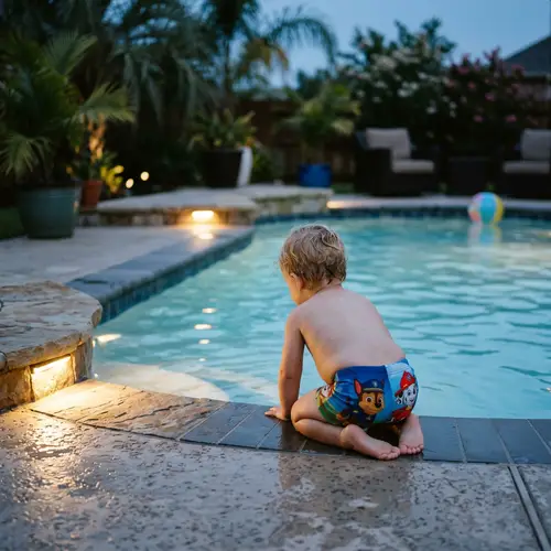 Adorable Toddler in Paw Patrol Swim Shorts at Poolside