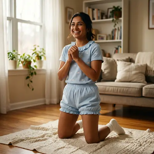 South Asian Woman Joyfully Kneeling in Well-Illuminated Room
