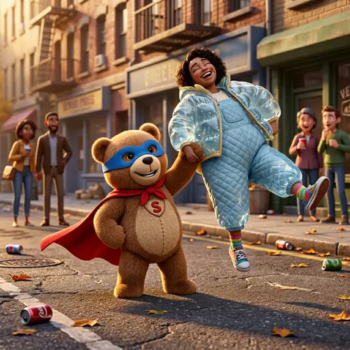 Superhero Teddy Bear Holding Joyful Woman in Puffed Attire