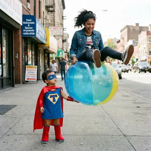 Toddler Superhero with Inflatable 'Diaper' & Teen Girl | Joyful Scene