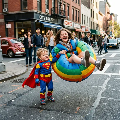Superhero Toddler Holding Joyful Girl in Oversized Diaper